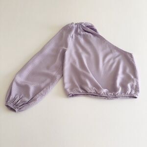 Cami NYC One Shoulder Crop Top XS Lavender Silk Blend Balloon Sleeve Elastic Hem